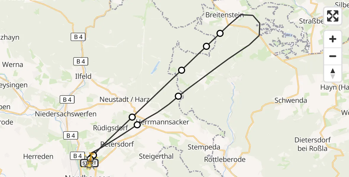 Flugroute Rettungshubschrauber Südharz Hospital Nordhausen - Südharz Hospital Nordhausen, 04 Oktober 2026, 07:10