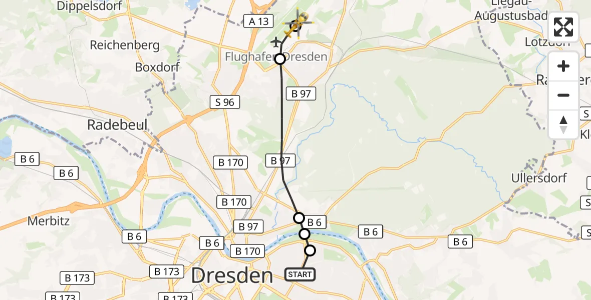 Flugroute Rettungshubschrauber Dresden - Dresden Bundespolizei Hubschrauberlandeplatz, 04 Oktober 2026, 07:14