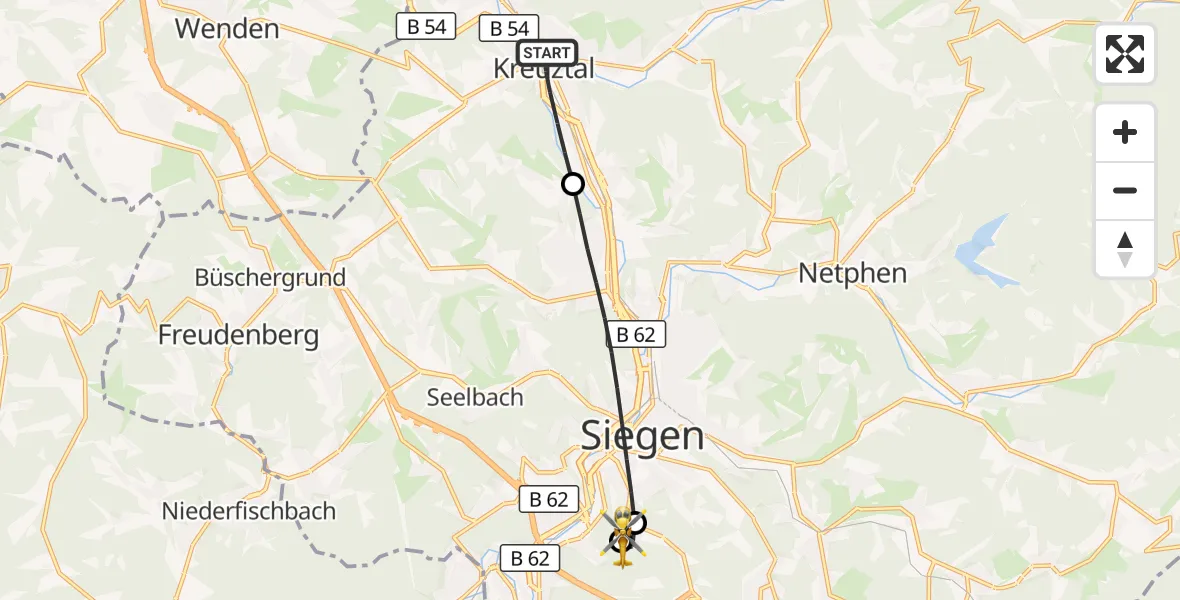 Flugroute Rettungshubschrauber Kreuztal - Evangelisches Jung-Stilling Hospital, 04 Oktober 2026, 07:23