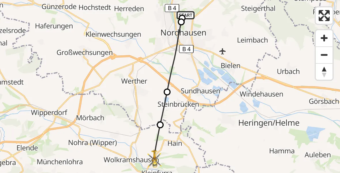Flugroute Rettungshubschrauber Südharz Hospital Nordhausen - Kleinfurra, 04 Oktober 2026, 07:29