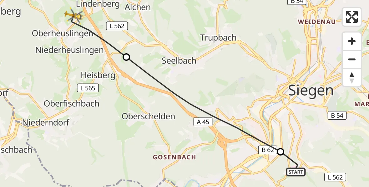 Flugroute Rettungshubschrauber Evangelisches Jung-Stilling Hospital - Freudenberg, 04 Oktober 2026, 07:45