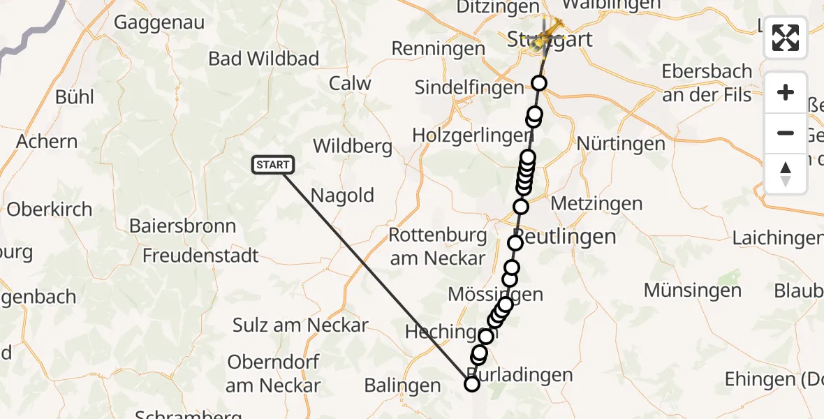 Flugroute Ambulanzhubschrauber Altensteig - Stuttgart, 04 Oktober 2026, 07:45