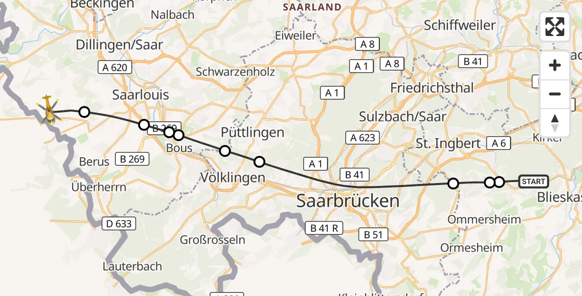 Flugroute Rettungshubschrauber Blieskastel - Wallerfangen, 04 Oktober 2026, 07:46