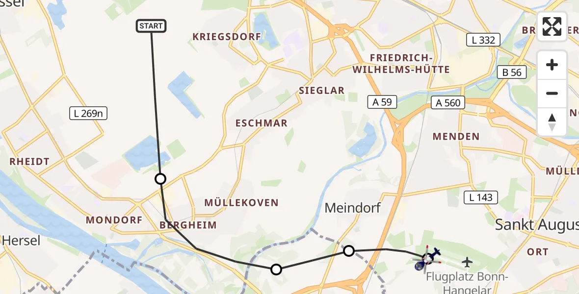 Flugroute Polizeihubschrauber Niederkassel - Bonn-Hangelar Flugplatz, 04 Oktober 2026, 07:59