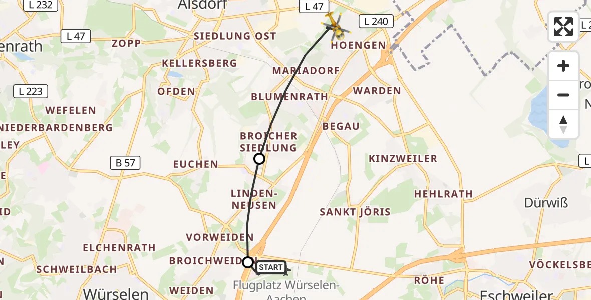 Flugroute Rettungshubschrauber Aachen-Merzbrück Flughafen - Alsdorf, 04 Oktober 2026, 08:00