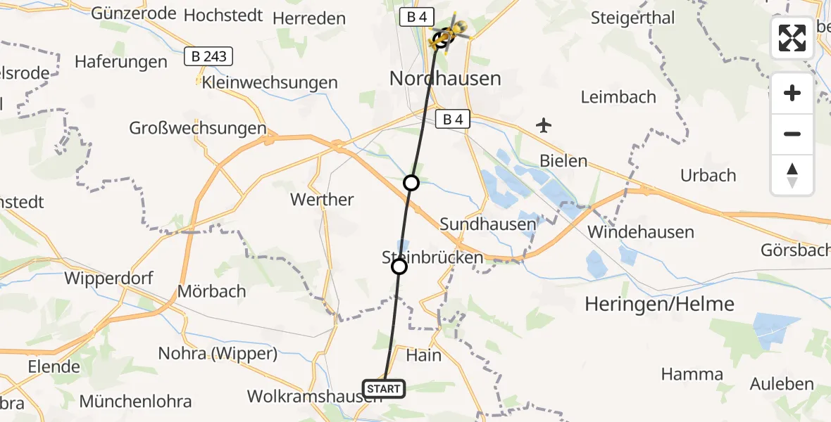 Flugroute Rettungshubschrauber Kleinfurra - Südharz Hospital Nordhausen, 04 Oktober 2026, 08:02
