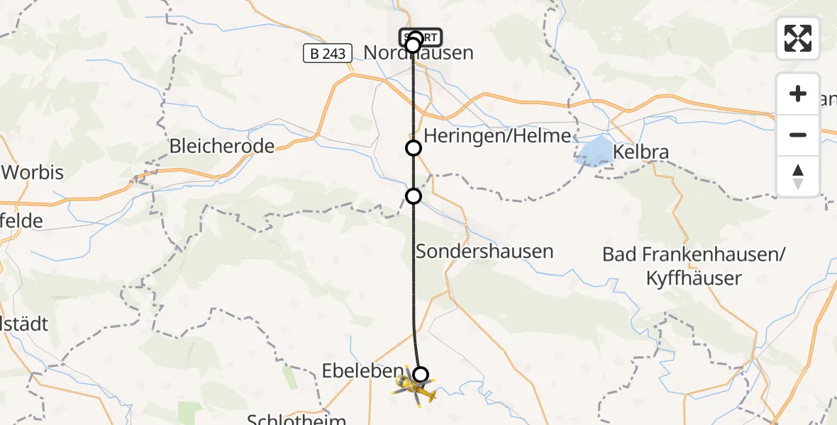 Flugroute Rettungshubschrauber Südharz Hospital Nordhausen - Bellstedt, 04 Oktober 2026, 08:20