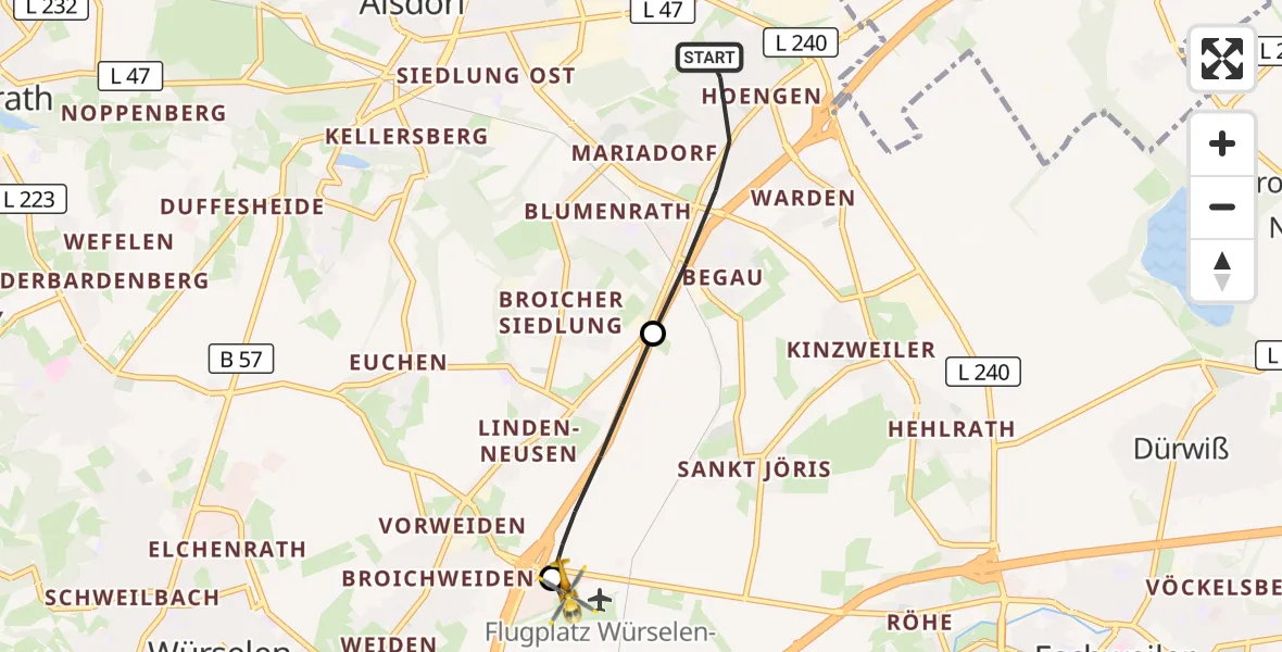 Flugroute Rettungshubschrauber Alsdorf - Aachen-Merzbrück Flughafen, 04 Oktober 2026, 08:28
