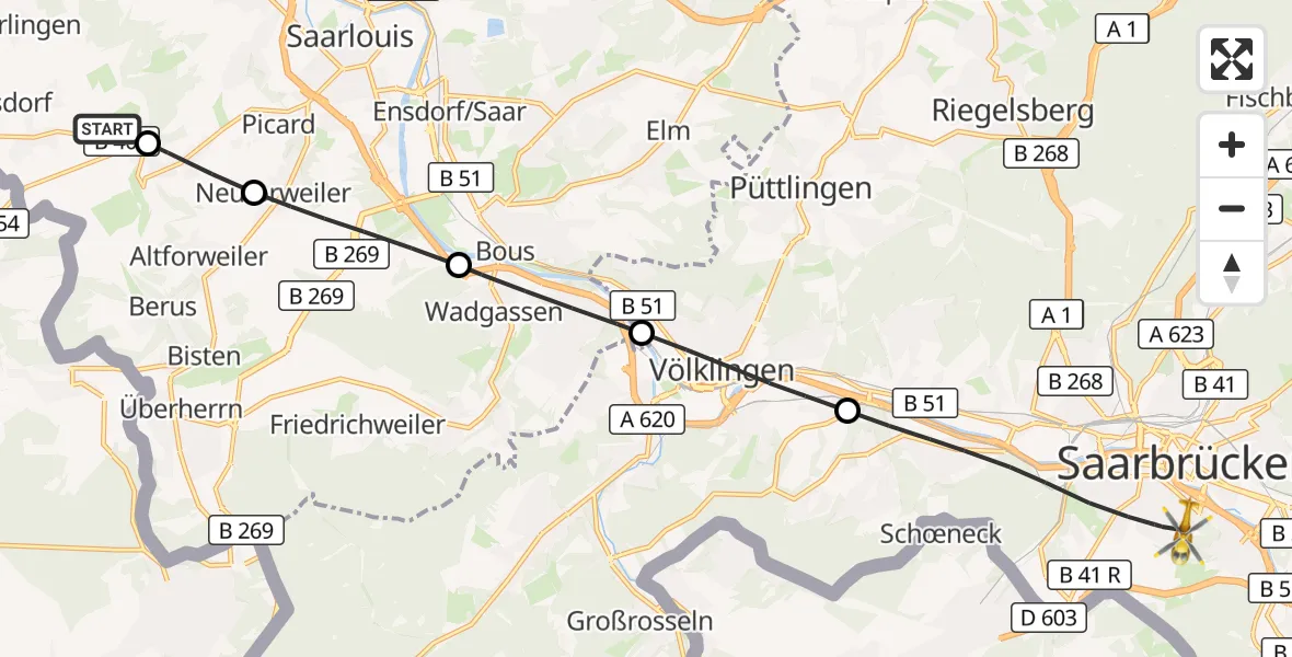 Flugroute Rettungshubschrauber Wallerfangen - Saarbrücken, 04 Oktober 2026, 08:31