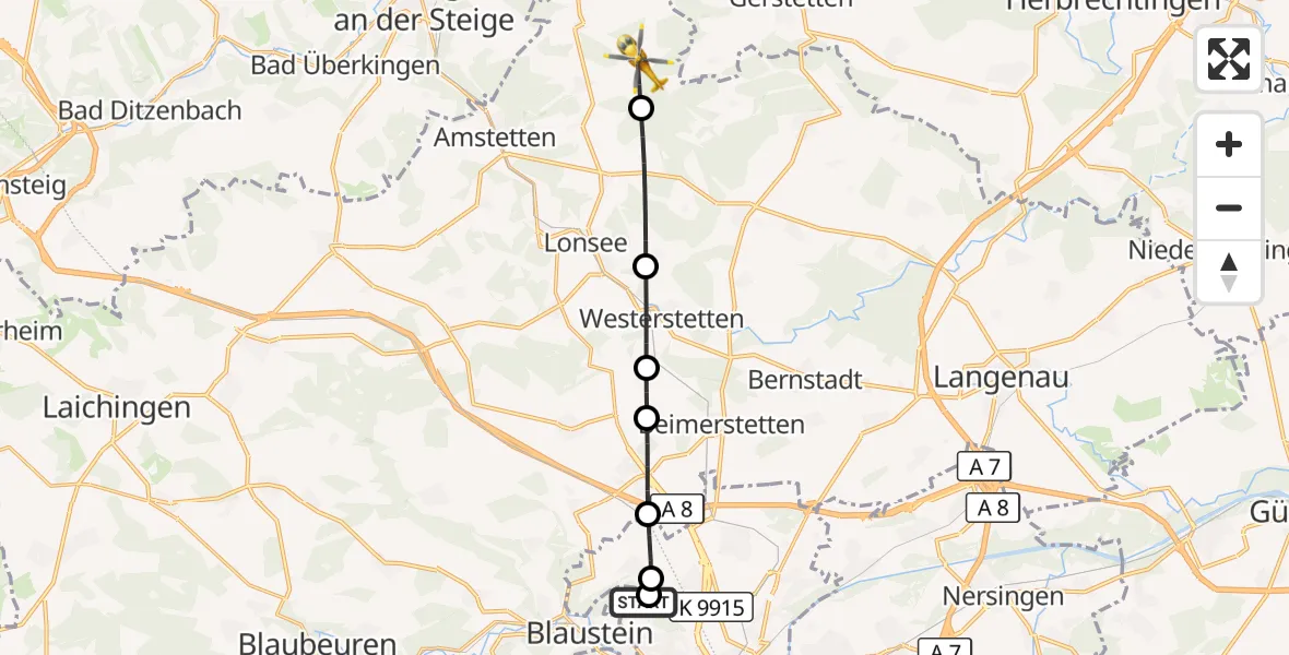 Flugroute Rettungshubschrauber Ulm Military Hospital Emergency - Amstetten, 04 Oktober 2026, 08:41