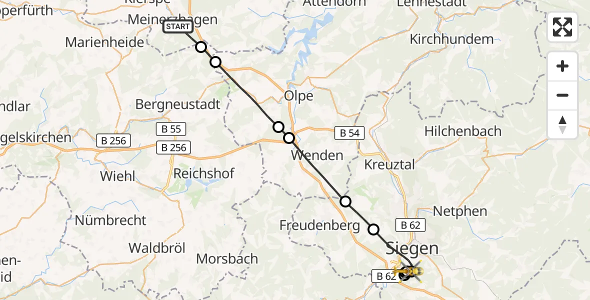 Flugroute Rettungshubschrauber Meinerzhagen - Evangelisches Jung-Stilling Hospital, 04 Oktober 2026, 08:51