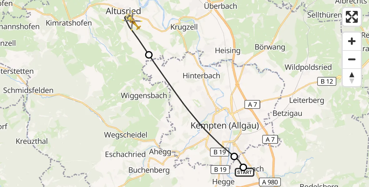 Flugroute Rettungshubschrauber Kempten-Durach Flugplatz - Altusried, 04 Oktober 2026, 09:07