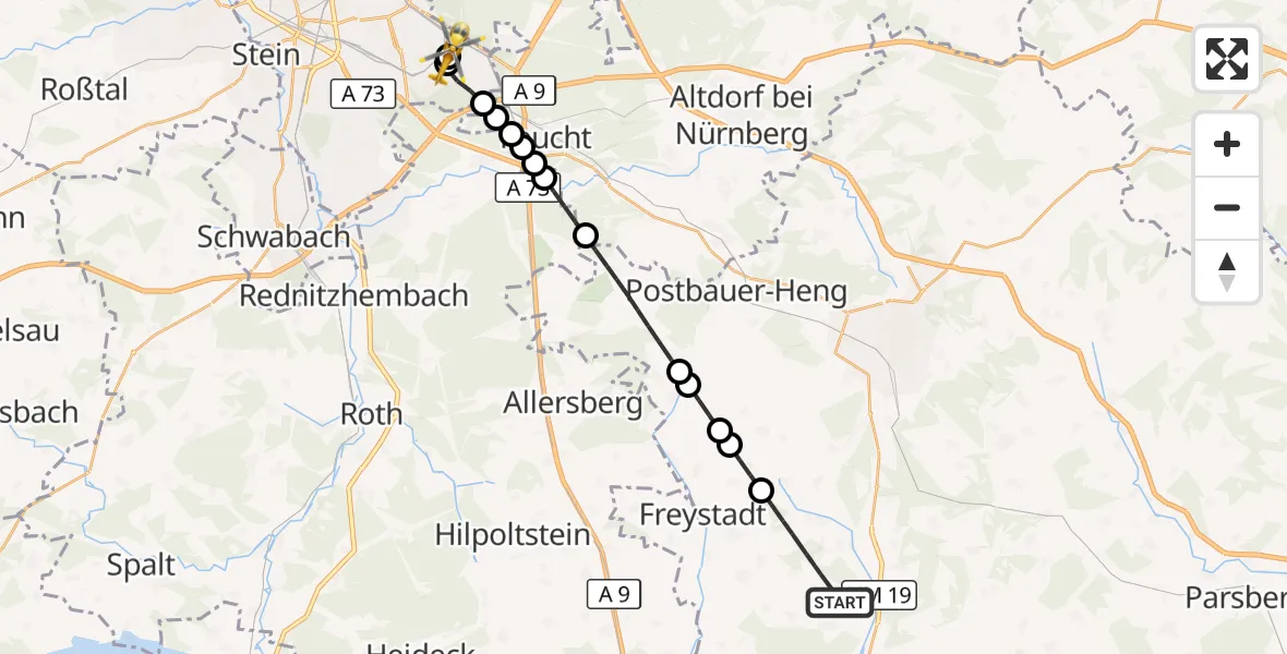 Flugroute Rettungshubschrauber Mühlhausen - Nürnberg South Hospital, 04 Oktober 2026, 09:49