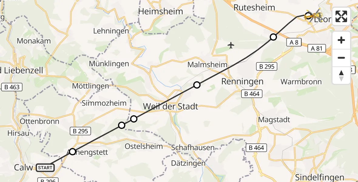 Flugroute Rettungshubschrauber Calw - Leonberg Hospital, 04 Oktober 2026, 09:59