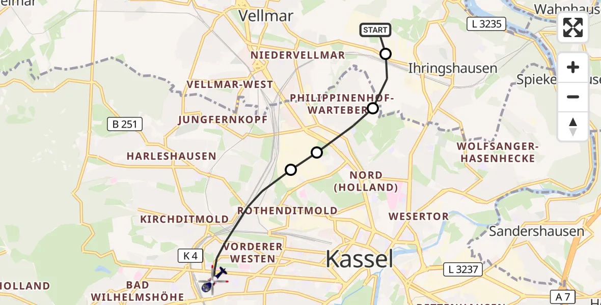 Flugroute Polizeihubschrauber Fuldatal Bundespolizei Hubschrauberlandeplatz - Kassel, 04 Oktober 2026, 10:28