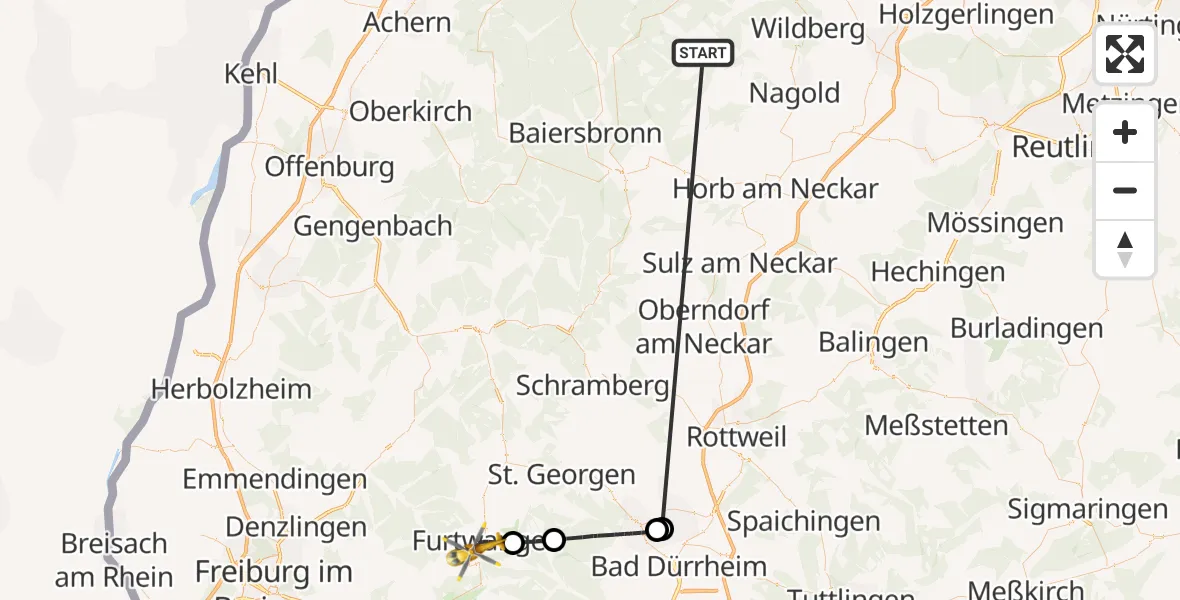 Flugroute Ambulanzhubschrauber Altensteig - Furtwangen im Schwarzwald, 04 Oktober 2026, 10:35