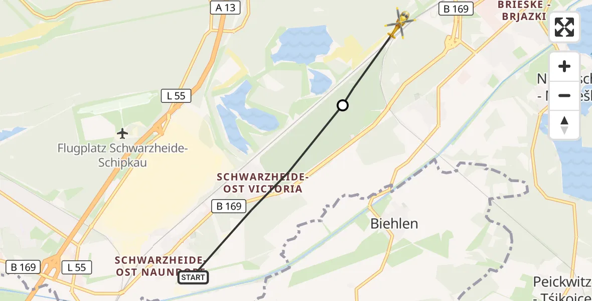 Flugroute Rettungshubschrauber Schwarzheide - Schipkau, 04 Oktober 2026, 10:35