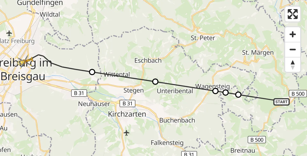 Flugroute Ambulanzhubschrauber St. Märgen - Freiburg im Breisgau, 04 Oktober 2026, 10:41
