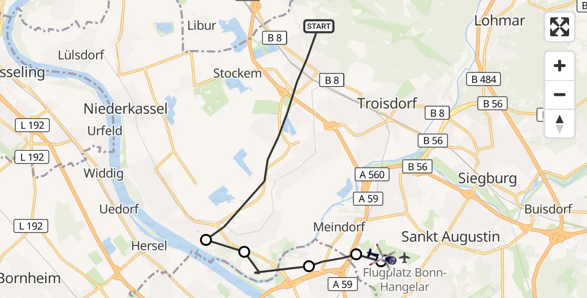 Flugroute Polizeihubschrauber Troisdorf - Bonn-Hangelar Flugplatz, 04 Oktober 2026, 10:45