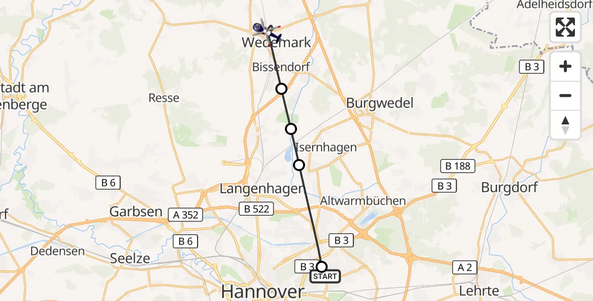 Flugroute Polizeihubschrauber Hannover Luftrettung Hubschrauberlandeplatz (Christoph 4) - Wedemark, 04 Oktober 2026, 10:47