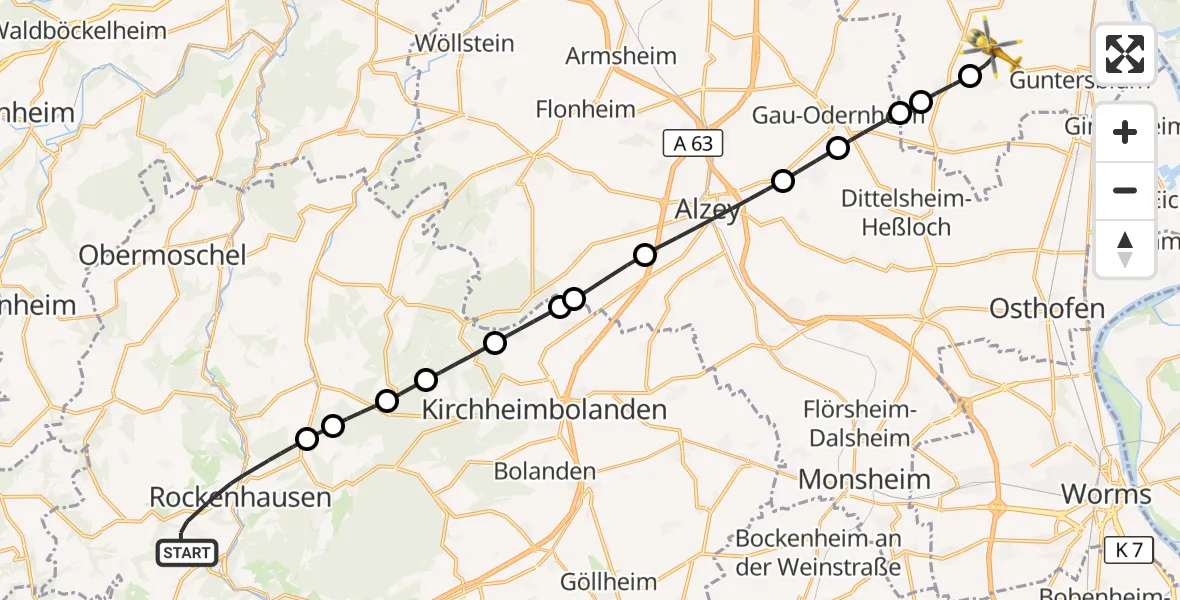 Flugroute Rettungshubschrauber Rockenhausen - Uelversheim, 04 Oktober 2026, 10:50