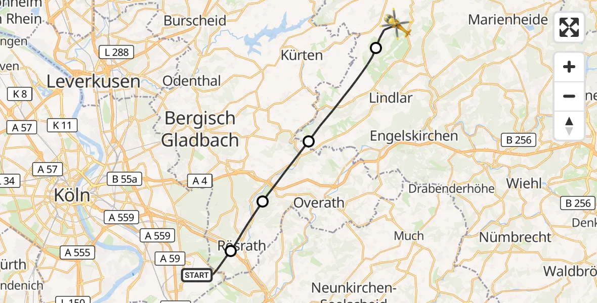 Flugroute Rettungshubschrauber Köln Bonn Flughafen - Wipperfürth, 04 Oktober 2026, 11:11