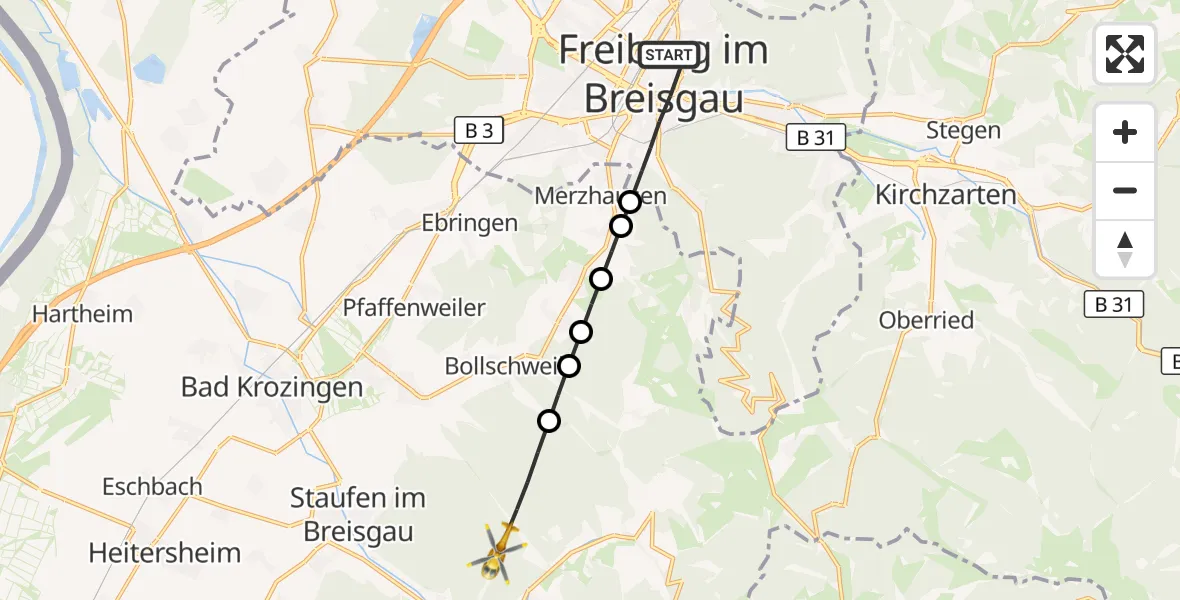 Flugroute Ambulanzhubschrauber Freiburg im Breisgau - Münstertal/Schwarzwald, 04 Oktober 2026, 11:15