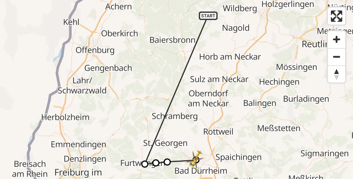 Flugroute Ambulanzhubschrauber Altensteig - DRF Air Rescue Station Villingen-Schwenningen Hubschrauberlandeplatz (Christoph 11), 04 Oktober 2026, 11:17