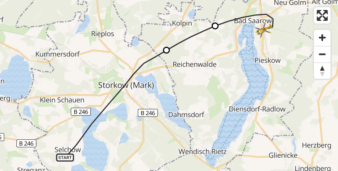 Flugroute Rettungshubschrauber Storkow (Mark) - Bad Saarow Hospital Hubschrauberlandeplatz, 04 Oktober 2026, 11:20