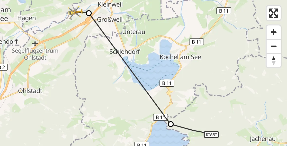 Flugroute Rettungshubschrauber Jachenau - Großweil, 04 Oktober 2026, 11:23