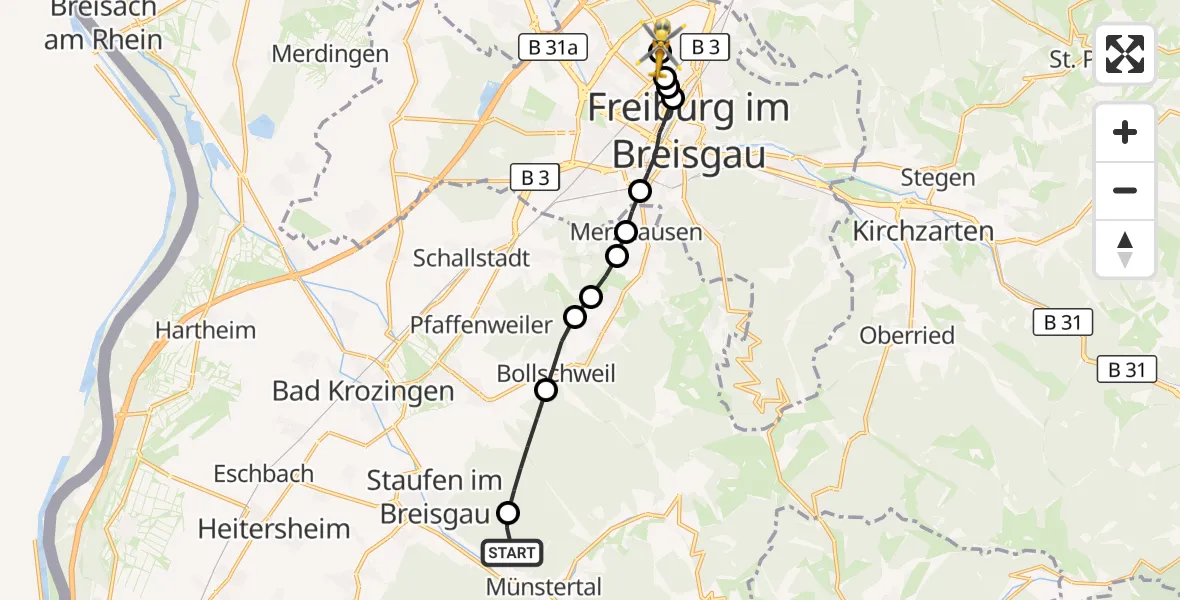 Flugroute Ambulanzhubschrauber Münstertal/Schwarzwald - Freiburg im Breisgau Flugplatz, 04 Oktober 2026, 11:46