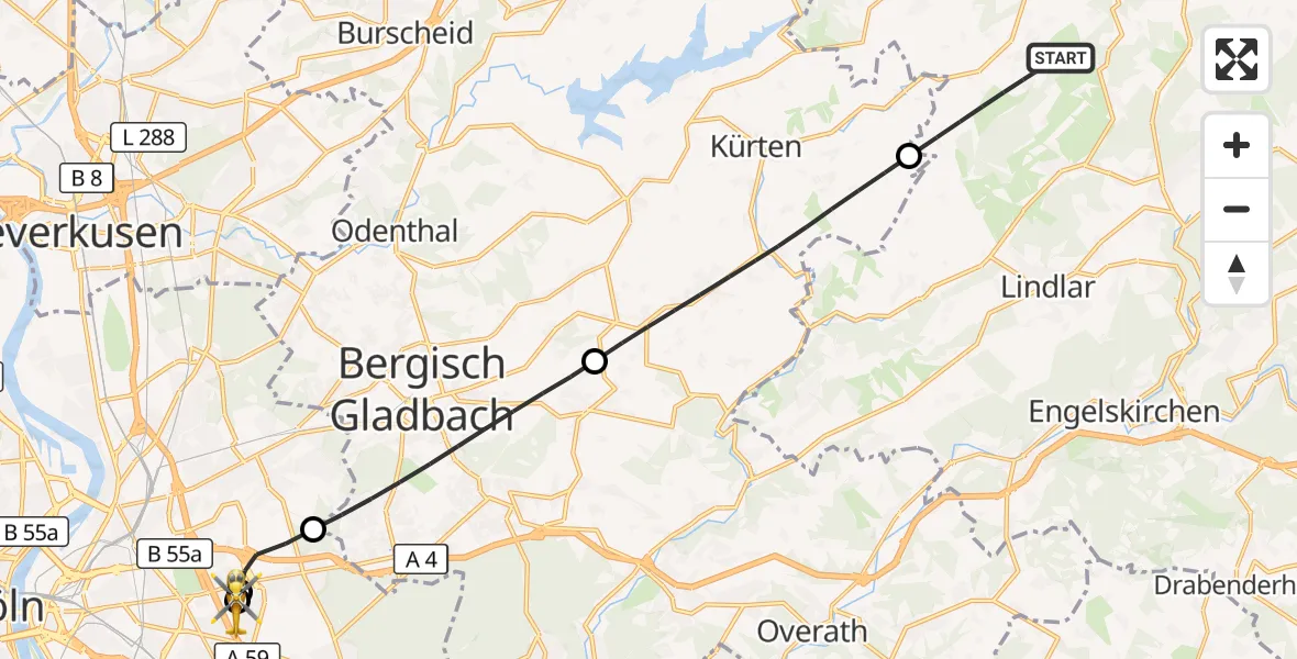 Flugroute Rettungshubschrauber Wipperfürth - Merheim Hospital, 04 Oktober 2026, 11:58