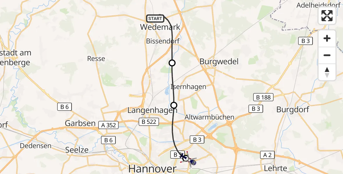 Flugroute Polizeihubschrauber Wedemark - Hannover Luftrettung Hubschrauberlandeplatz (Christoph 4), 04 Oktober 2026, 12:05