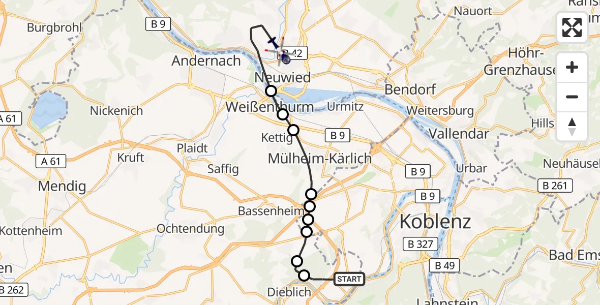 Flugroute Polizeihubschrauber Winningen - Neuwied, 04 Oktober 2026, 12:22