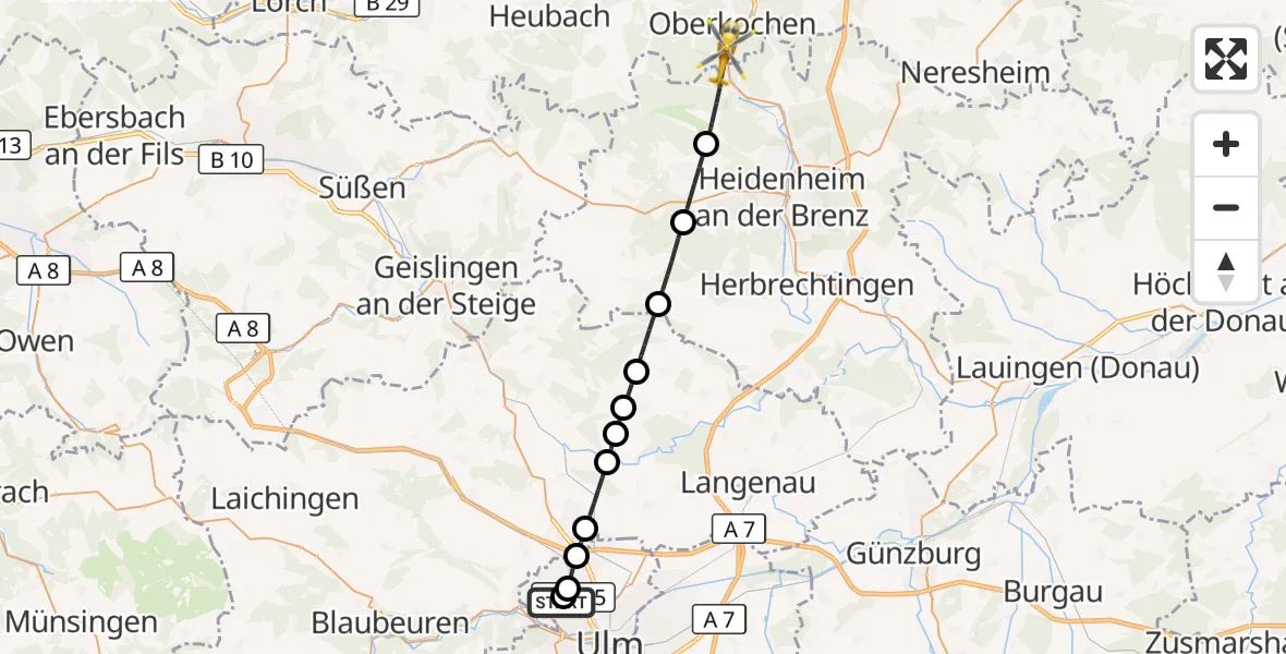 Flugroute Rettungshubschrauber Ulm Military Hospital Emergency - Oberkochen, 04 Oktober 2026, 12:31