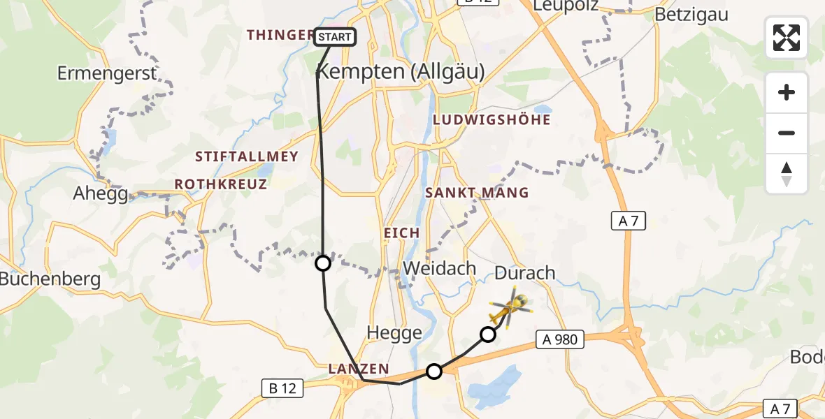 Flugroute Rettungshubschrauber Kempten (Allgäu) - Kempten-Durach Flugplatz, 04 Oktober 2026, 12:35