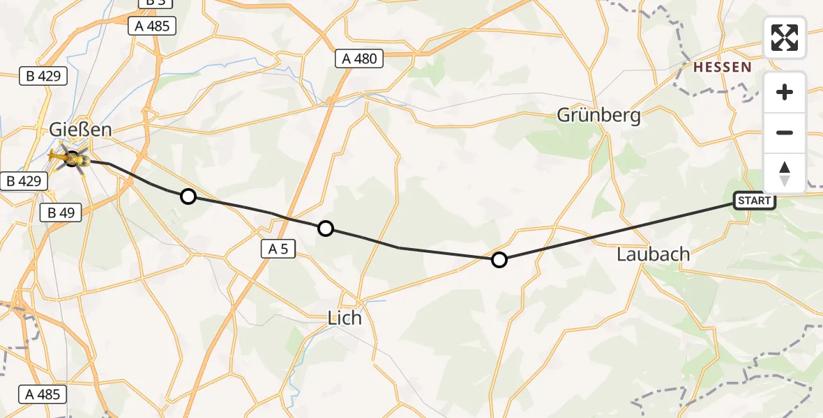 Flugroute Rettungshubschrauber Laubach - Gießen University Hospital, 04 Oktober 2026, 13:01