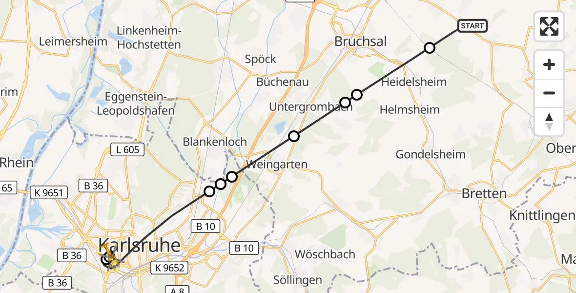 Flugroute Ambulanzhubschrauber Kraichtal - Sankt Vincentius Hospital, 04 Oktober 2026, 13:03
