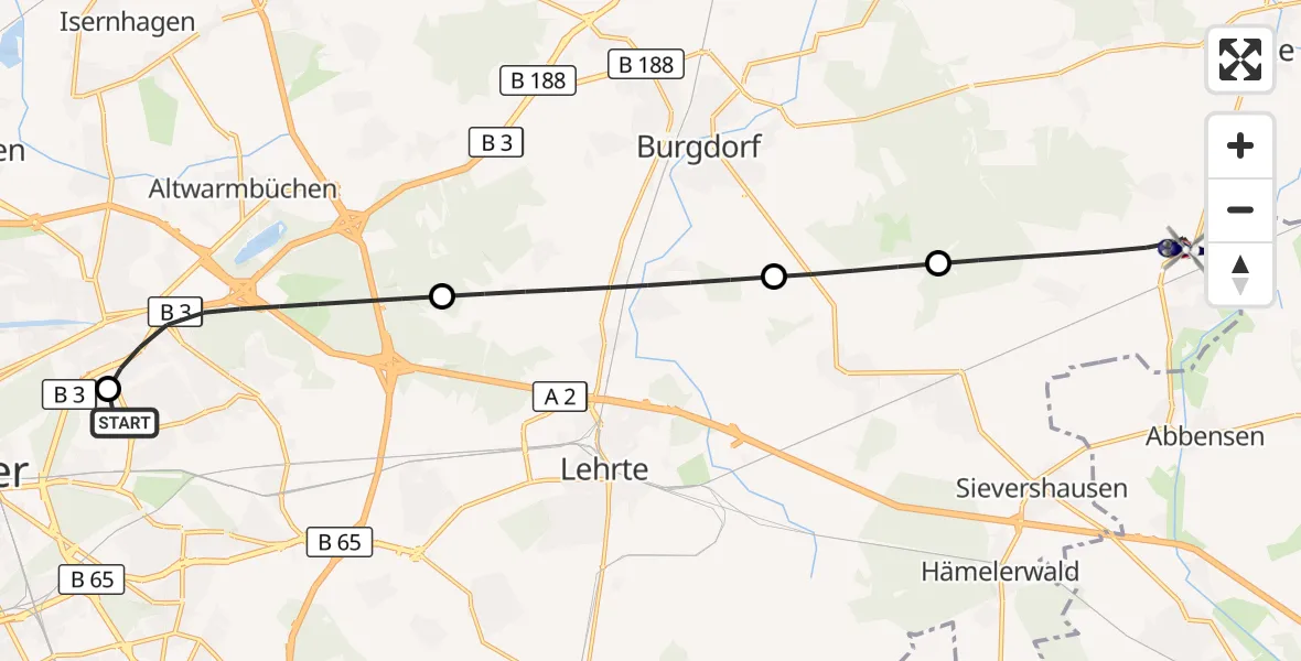 Flugroute Polizeihubschrauber Hannover Luftrettung Hubschrauberlandeplatz (Christoph 4) - Uetze, 04 Oktober 2026, 13:05