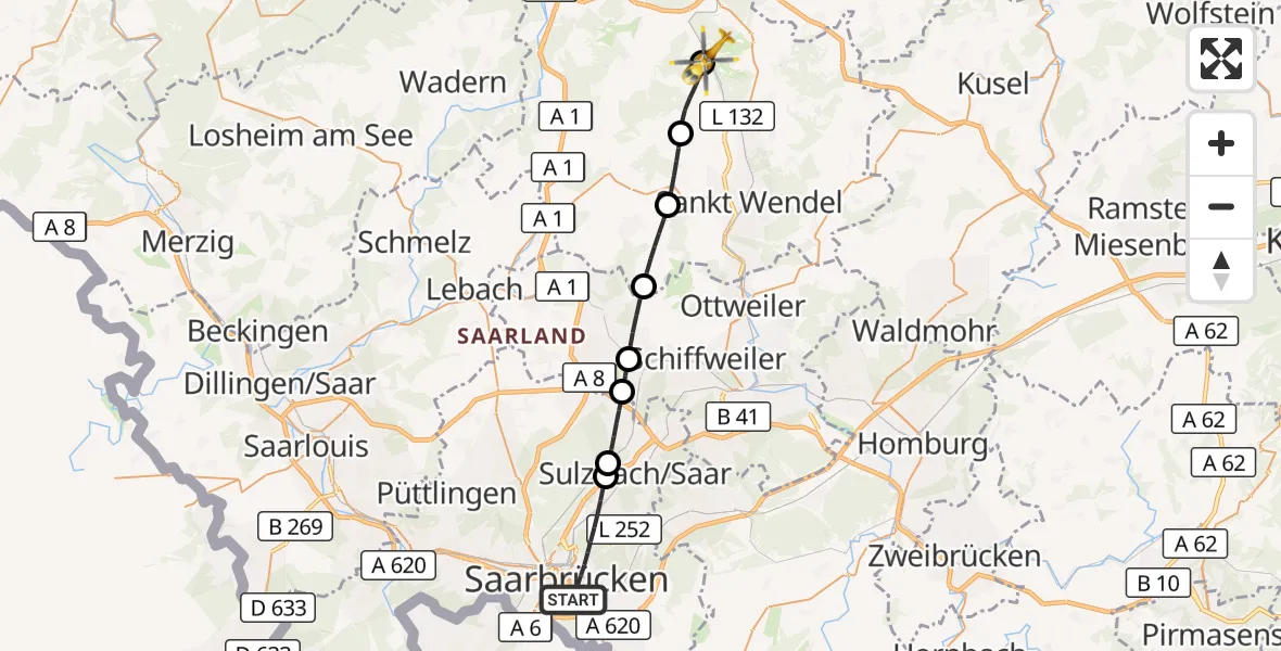 Flugroute Rettungshubschrauber Saarbrücken - Nohfelden, 04 Oktober 2026, 13:06