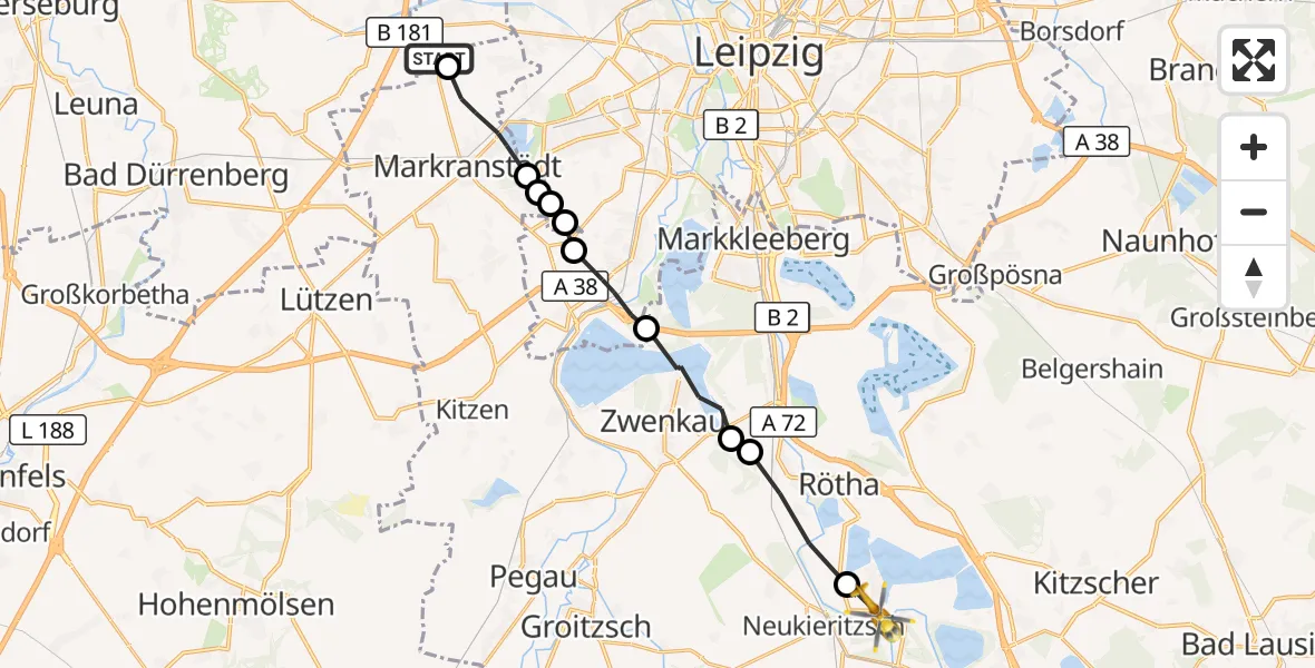 Flugroute Rettungshubschrauber Schkeuditz - Neukieritzsch, 04 Oktober 2026, 13:11