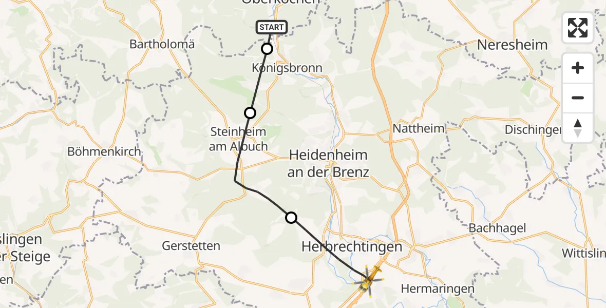 Flugroute Rettungshubschrauber Oberkochen - Herbrechtingen, 04 Oktober 2026, 13:15