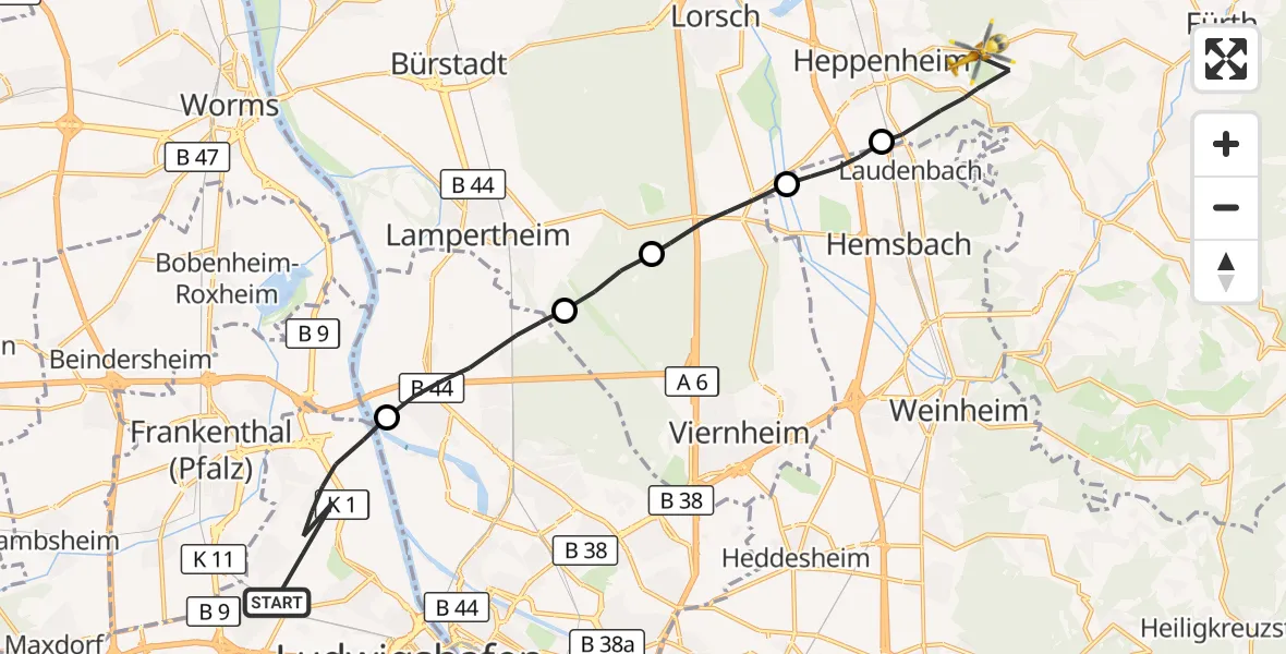 Flugroute Rettungshubschrauber Ludwigshafen am Rhein - Heppenheim (Bergstraße), 04 Oktober 2026, 13:15