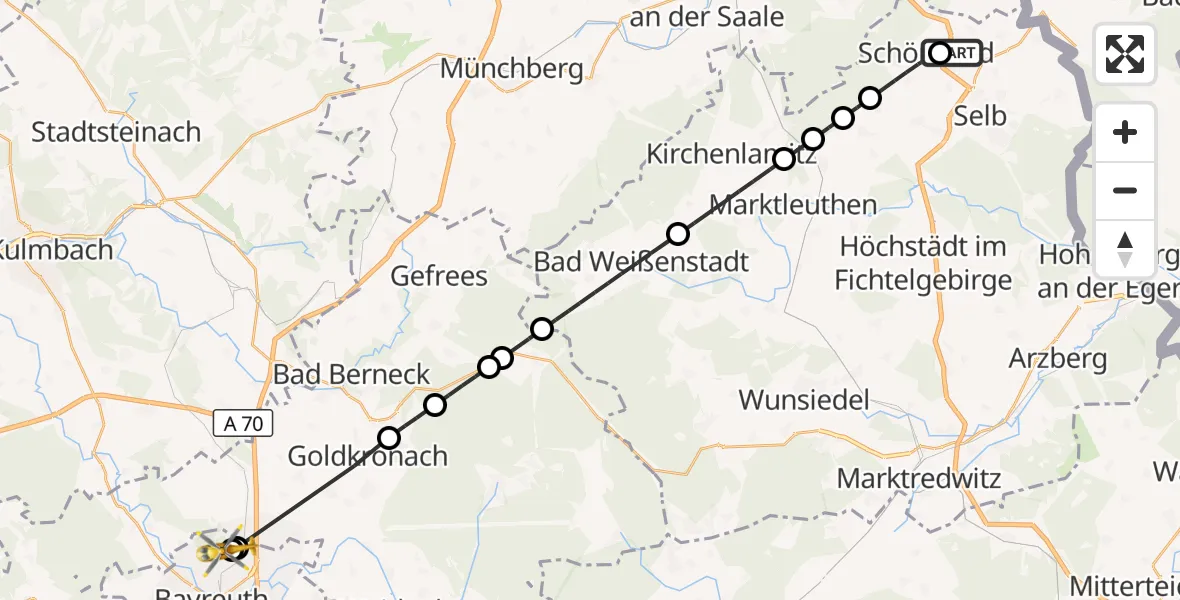 Flugroute Ambulanzhubschrauber Selb - Hohe Warte Hospital, 04 Oktober 2026, 13:17