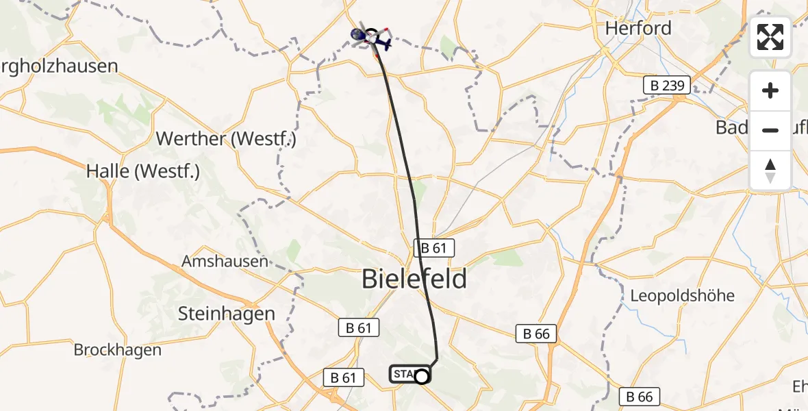 Flugroute Polizeihubschrauber Luftrettungszentrum Bielefeld - Spenge, 04 Oktober 2026, 13:17