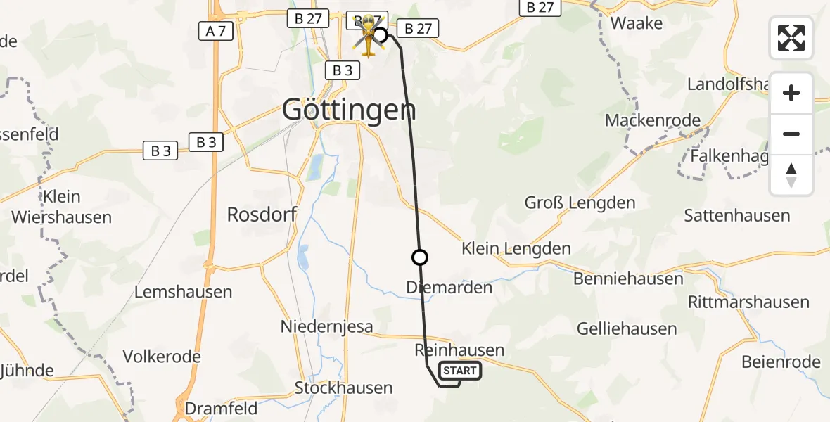 Flugroute Rettungshubschrauber Gleichen - Göttingen University Clinic Hubschrauberlandeplatz, 04 Oktober 2026, 13:25