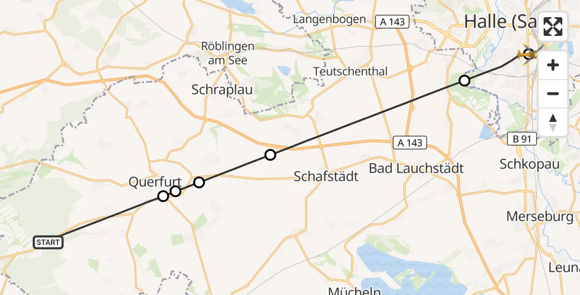Flugroute Rettungshubschrauber Querfurt - BG Hospital Bergmannstrost Halle, 04 Oktober 2026, 13:32