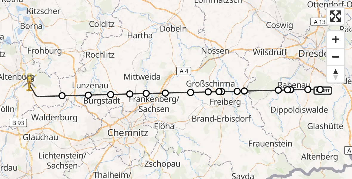 Flugroute Ambulanzhubschrauber Bavaria Hospital Kreischa - Nobitz, 04 Oktober 2026, 13:34