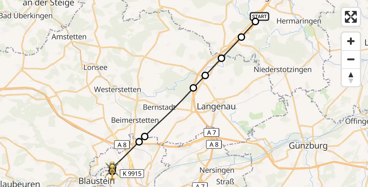 Flugroute Rettungshubschrauber Herbrechtingen - ADAC Air Rescue Station Ulm (Christoph 22), 04 Oktober 2026, 13:48