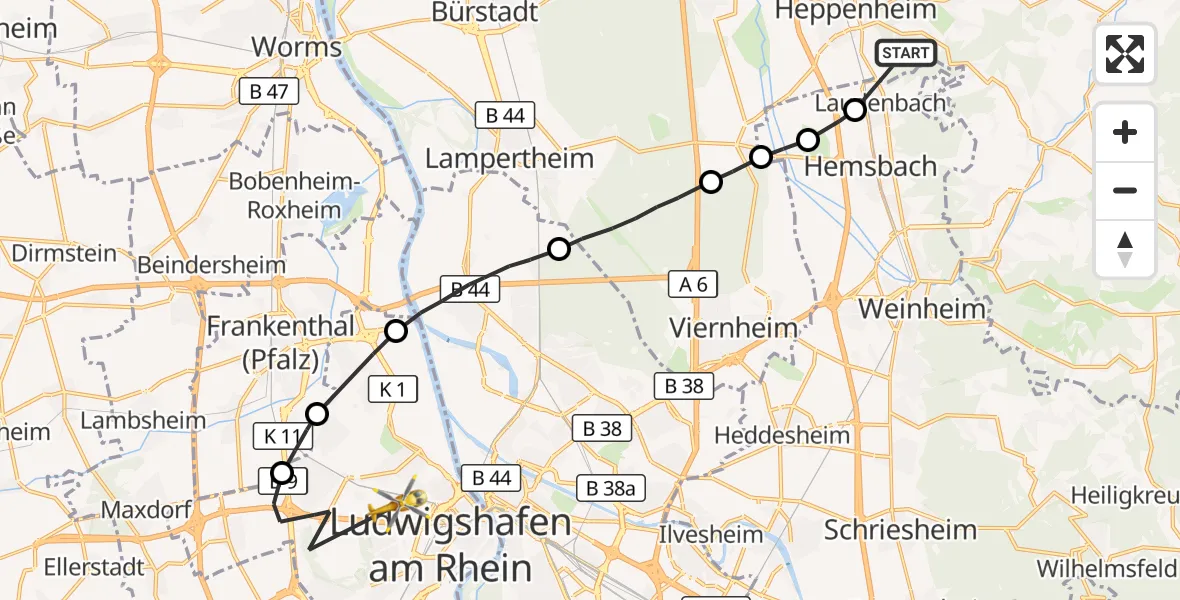 Flugroute Rettungshubschrauber Heppenheim (Bergstraße) - Ludwigshafen am Rhein, 04 Oktober 2026, 13:50